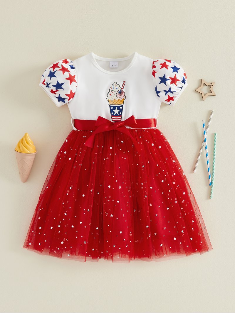 Cenuakty Kids Girl's Dress, Short Sleeve Crew Neck Stars Ice Cream Print Shiny Tulle Summer Dress with Belt 4th of July Clothes