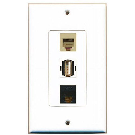 RiteAV - 1 Port USB A-A and 1 Port Phone RJ11 RJ12 Beige and 1 Port Cat6 Ethernet Black Decorative Wall Plate Decorative