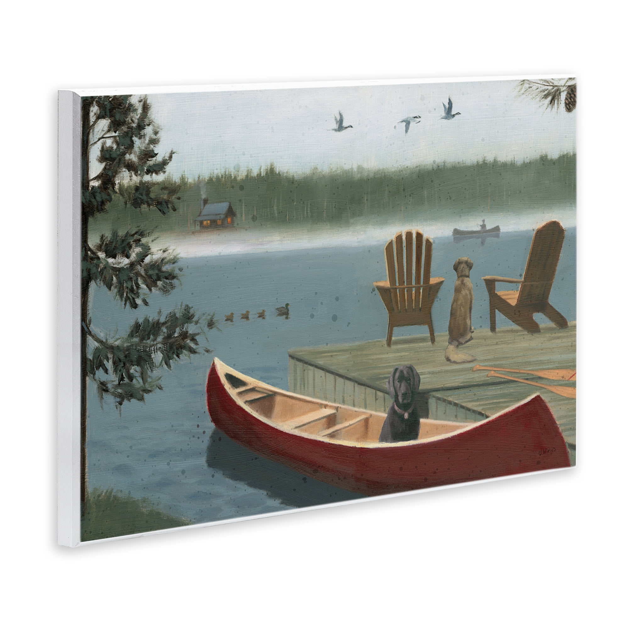 Stupell Industries Dogs on Lake Dock Landscape & Nature Painting Unframed Art Print Wall Art, 19 x 13