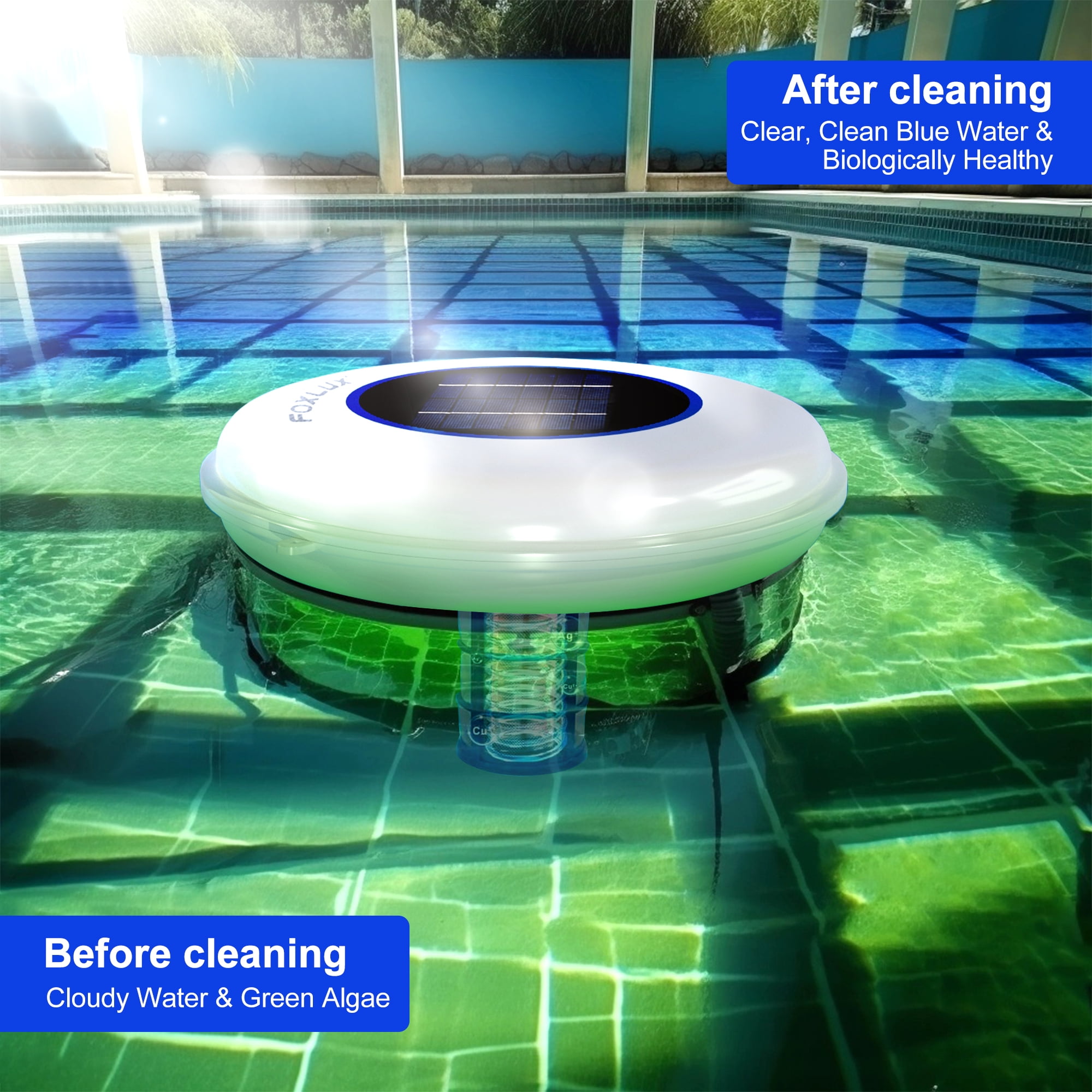FOXLUX Solar Pool Cleaner & LED RGB Floating Light with Copper Ionization, Solar Powered for Crystal Clear Water, Up to 35,000 Gallons, for Fresh & Salt Water Pools & Spas