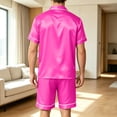 thumbnail image 3 of Mens Pajamas Set Silk Satin Sleepwear Short Sleeve Button Down Pjs Set 2 Piece Loungewear with Pockets Hot Pink XXL, 3 of 8