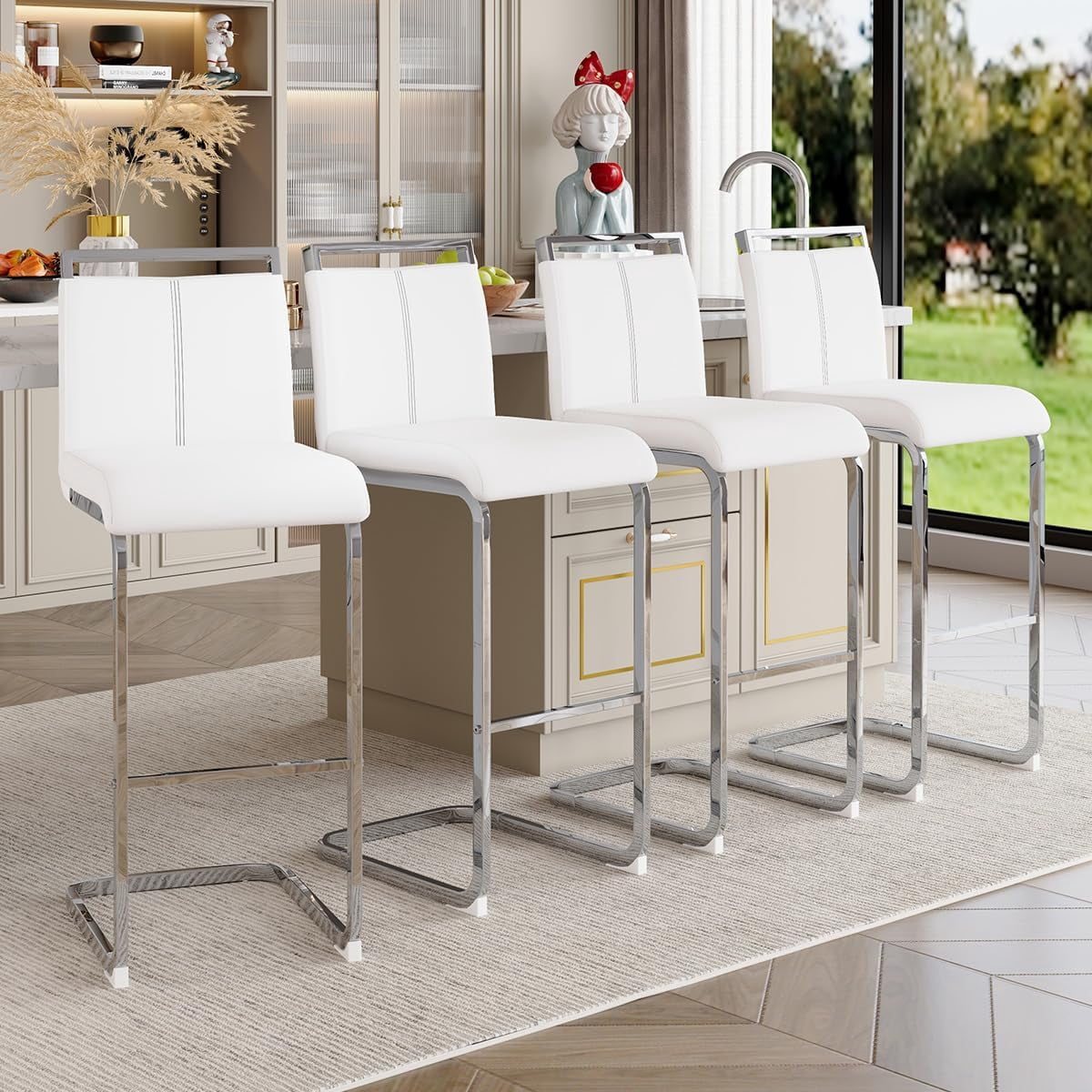 Lecut 30" Counter Height Bar Stools Set of 4, Modern Upholstered PU Leather Bar Stools with Back and Silver Chrome Plated Metal Frame, Armless Bar Chairs for Kitchen Island (White+Silver)