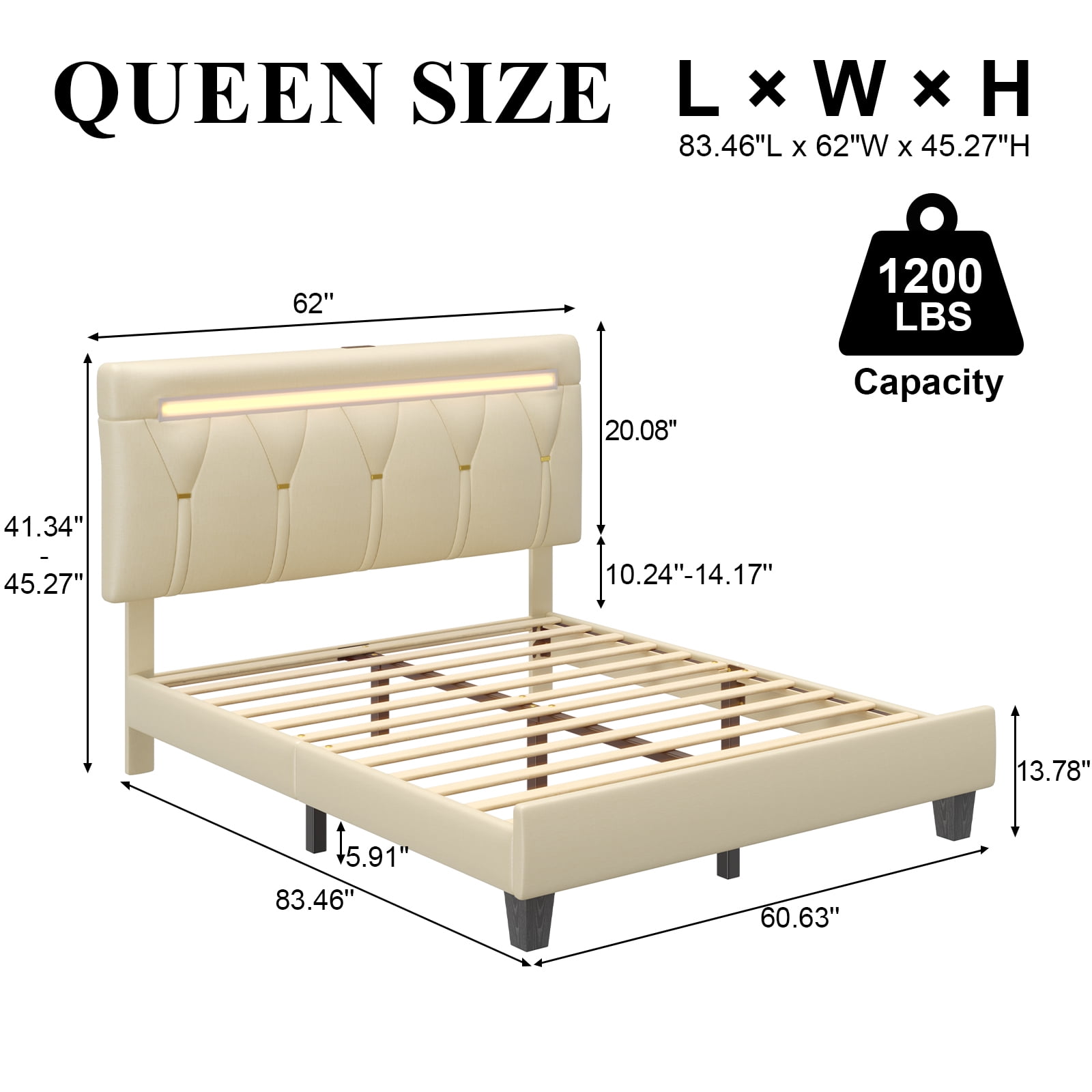 Holiway Queen Size Bed Frame with LED Lights and Adjustable Headboard, Upholstered Platform Bed with Charging, No Box Spring Needed, Beige