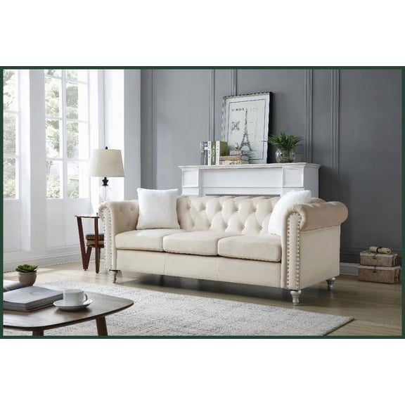 Raisa Classic Beige Micro Suede Velvet Sofa with Faux Jeweled Tufting for Living Room