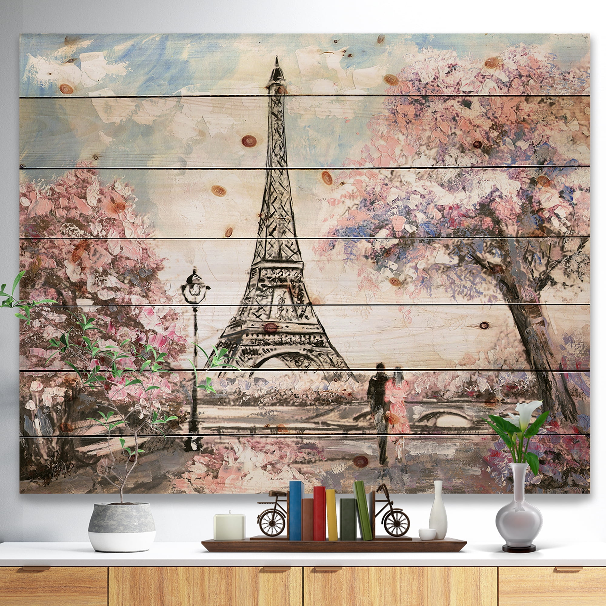 Designart 'Pink Flowers With Eiffel Tower' Landscape Print on Natural Pine Wood