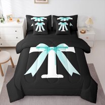 Manfei Cartoon Monogrammed T Bedding Comforter Set 7 Pieces, Kawaii Ribbon Bow-tie Full Bedding Set, Teen Boy Girl Kid Reversible Fitted Sheet Flat Sheet, Lightweight Room Decor