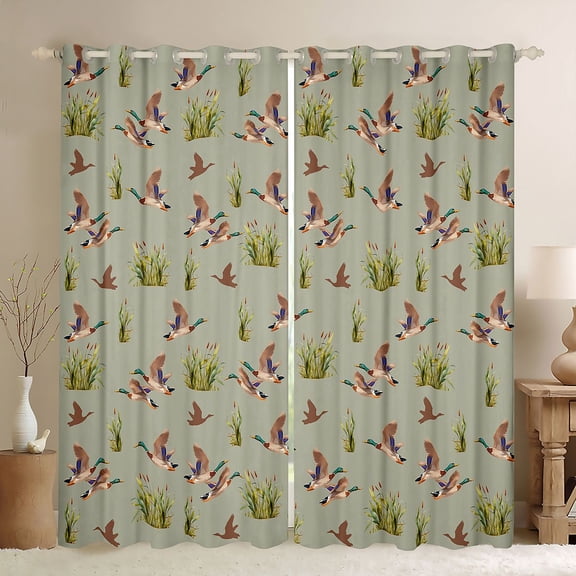 jejeloiu Farmhouse Mallard Duck Black Out Curtains,Green Brown Curtains Pack of 2 (42x63 Each) For Teens