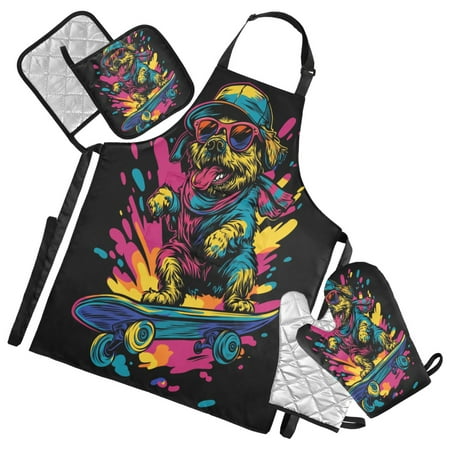 

5-Piece Kitchen Apron Set with Heat-Resistant Gloves & Insulation Mats for Cooking Baking BBQ Dog Riding on A Skateboard