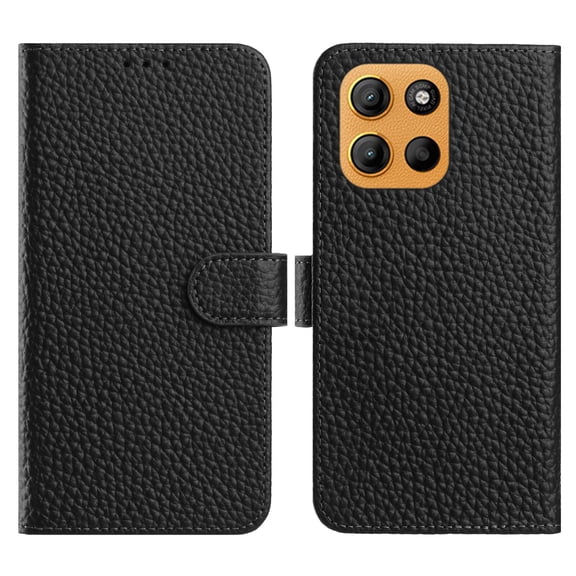 Genuine Leather Wallet Case for Motorola Moto G Stylus 5G 2025, Lychee Texture, with 3 Card Slots & 1 Cash Pocket, Kickstand Scratch-Proof Full Body Protection Phone Cover, Black