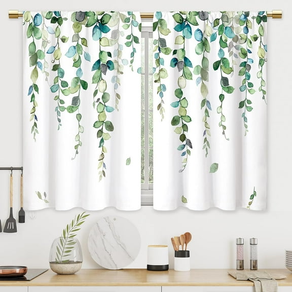 Watercolor Sage Green Leaves Kitchen Curtains Leaf Vine Plant Bathroom Curtains Window Treatment Drapes Tier Botanical Cafe Smalll Bedroom Short French Door Curtains 2 Panels 27.5x39 Inch