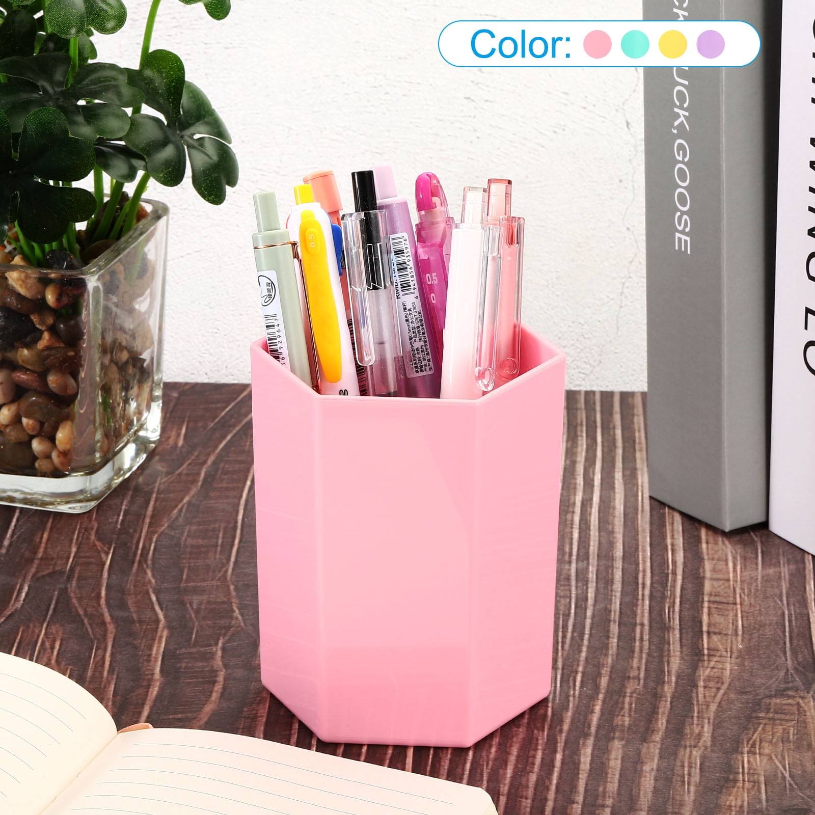 Unique Bargains Pencil Holder Plastic Makeup Brush Holder Hexagon Office Green