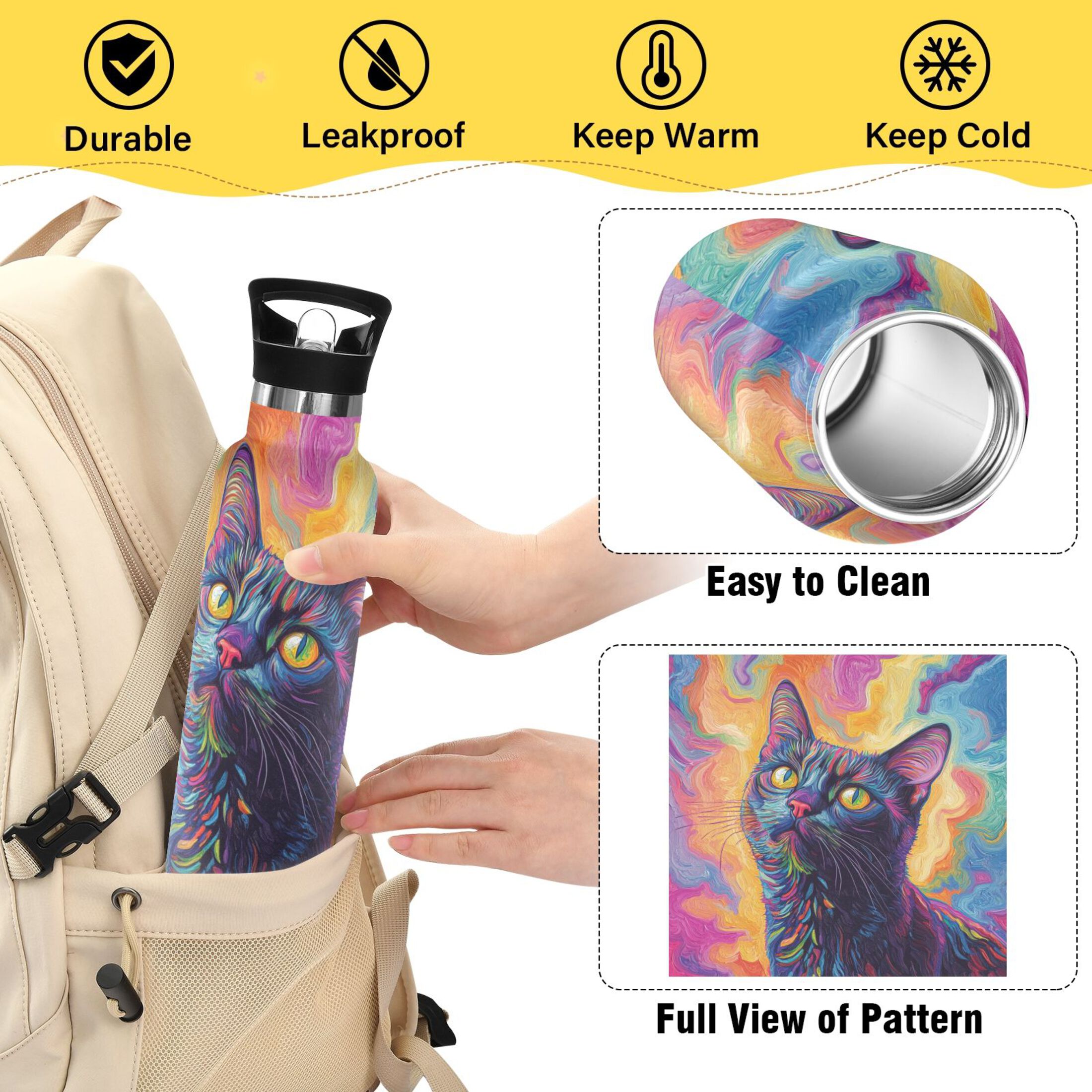 600ML Stainless Steel Insulated Cup Sports Water Bottle Portable Thermos Cup Water Glasses Insulated Tumblers Convenient and Durable Colorful Cute Cat