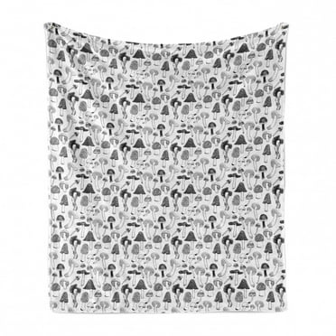 Mushroom Soft Flannel Fleece Blanket, Various Types of Fungus Extraordinary Creative Design on Plain Backdrop, Cozy Plush for Indoor and Outdoor Use, 60" x 80", Charcoal Grey White, by Ambesonne