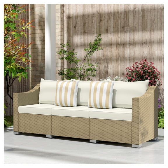 Rattan Patio Sofa 3 Seater, Outdoor Wicker Couch with Cushions & Pillows, Cream White
