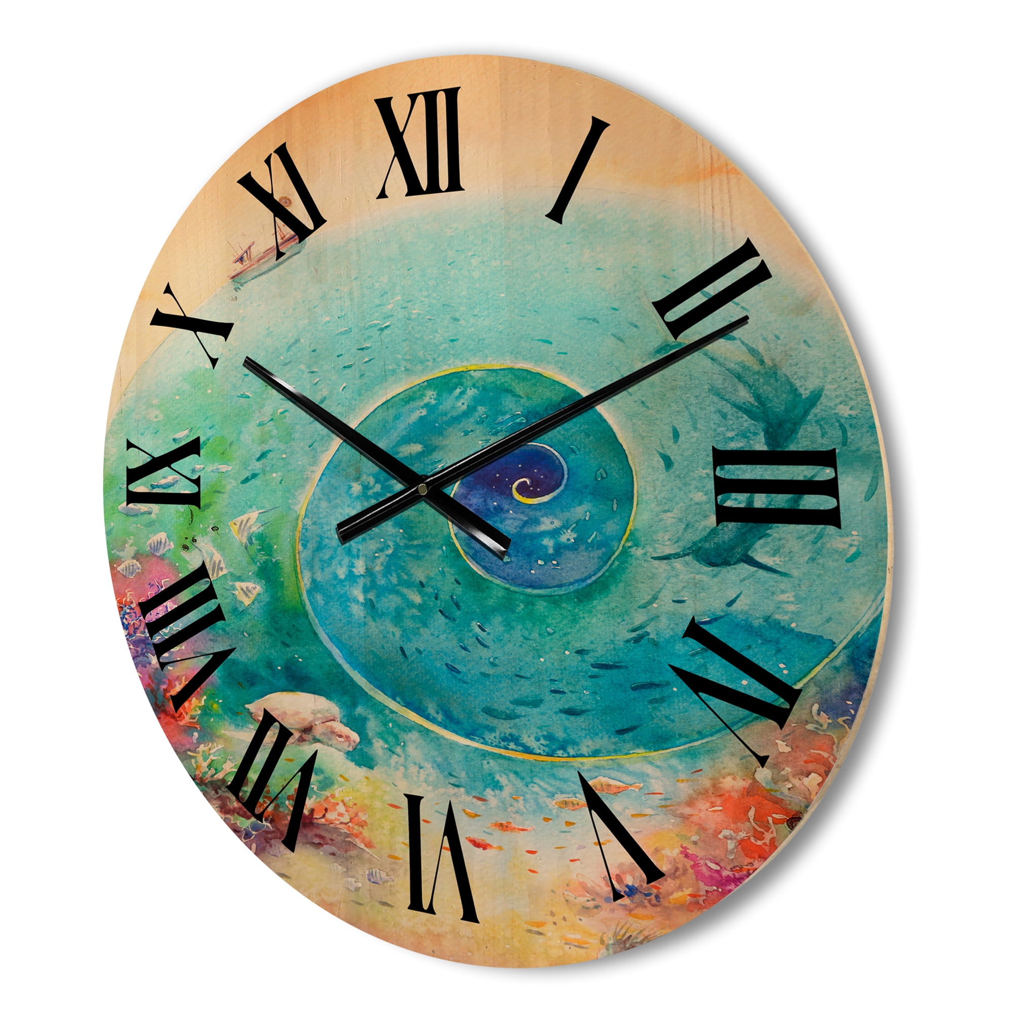 Designart 'Coral Reef Fishes With Turquoise Ocean Spiral' Nautical & Coastal Wood Wall Clock