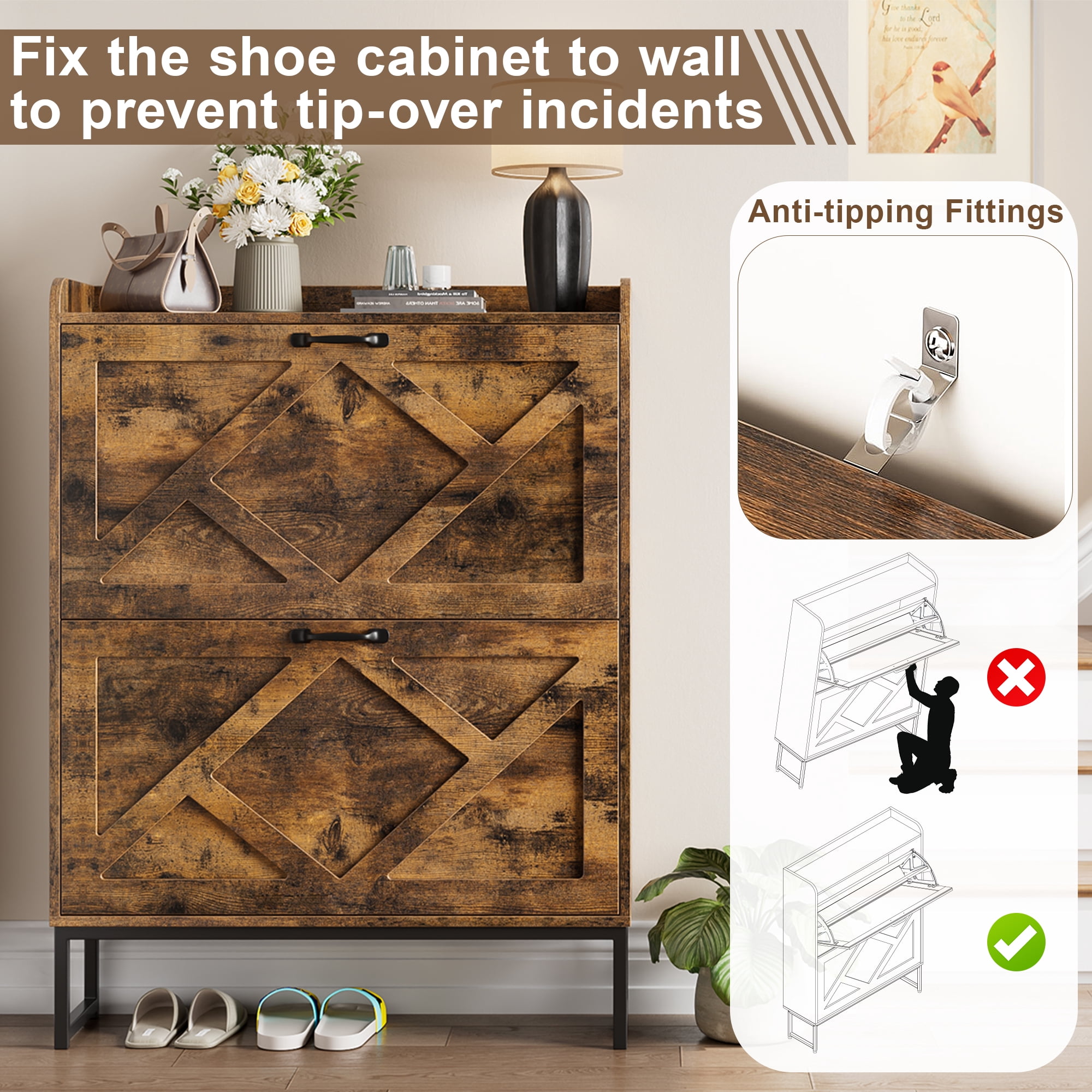 Skyhill Shoe Cabinet with 2 Flip Drawers,Farmhouse Shoe Organizer for Entryway,Brown