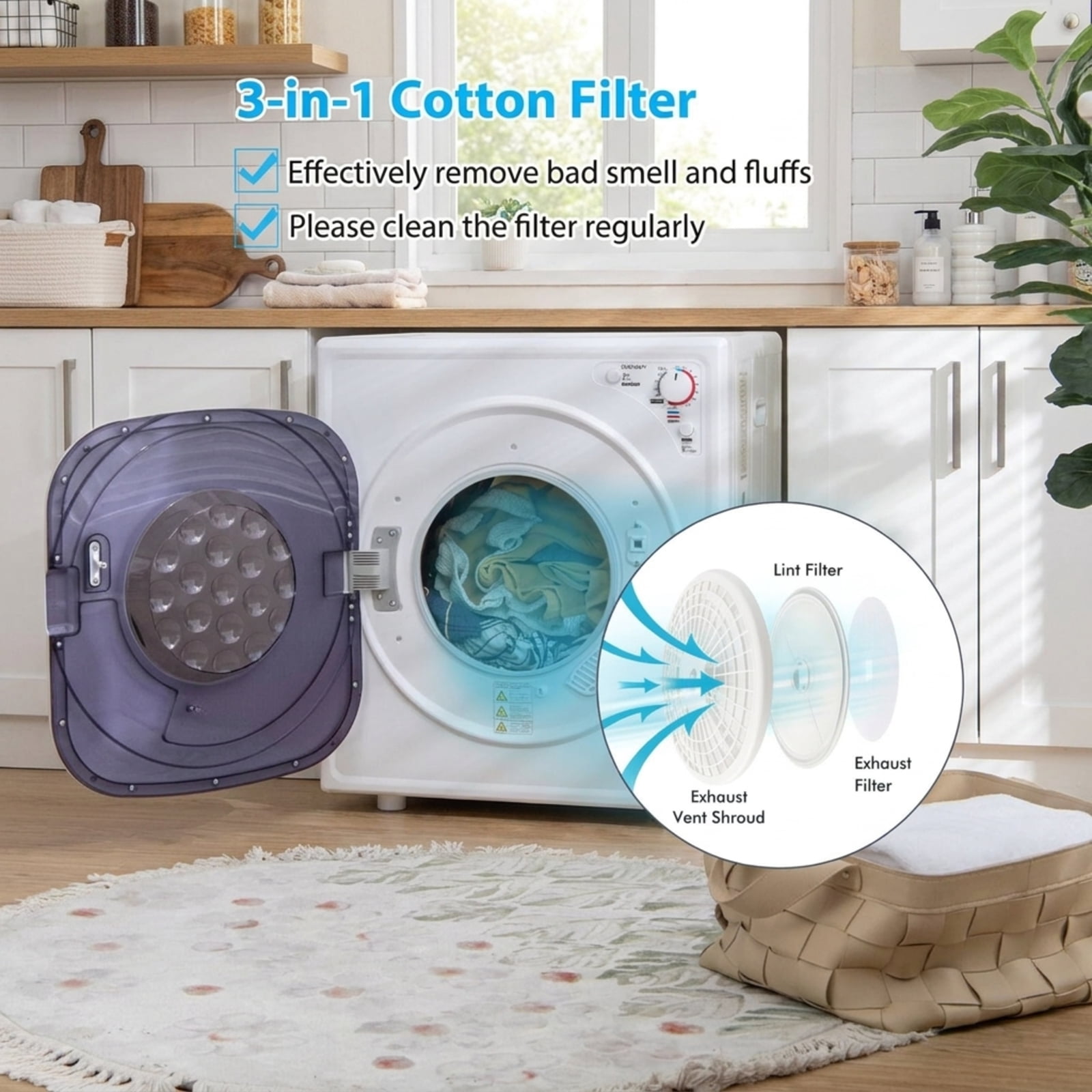 RUIE 1500W Portable Clothes Dryer 13.2 lbs Compact Laundry Dryer with Touch Panel, Wall-Mounted or Freestanding Dryer for Apartment Dorm RV, 5 Programs & Sensor Dry, White