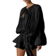thumbnail image 3 of Elegant Ruffle Short Dress for Women Pleated Lantern Long Sleeve Lace Up Tie Waist Bohemian Beach Dresses Black XL, 3 of 8