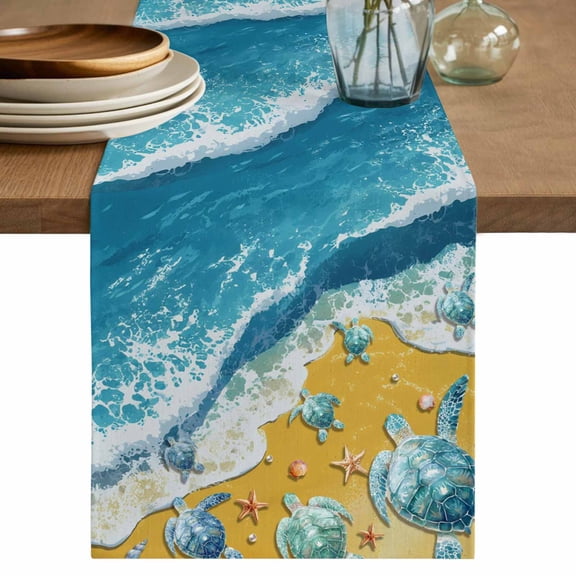 Blue Summer Beach Cotton Linen Table Runner for Dining Kitchen, Coastal Sea Turtle Nautical Ocean Wedding Outdoor Party Tablerunners Decoration, Dresser Scarf Coffee Tablecloth Runners 13x108 Inches