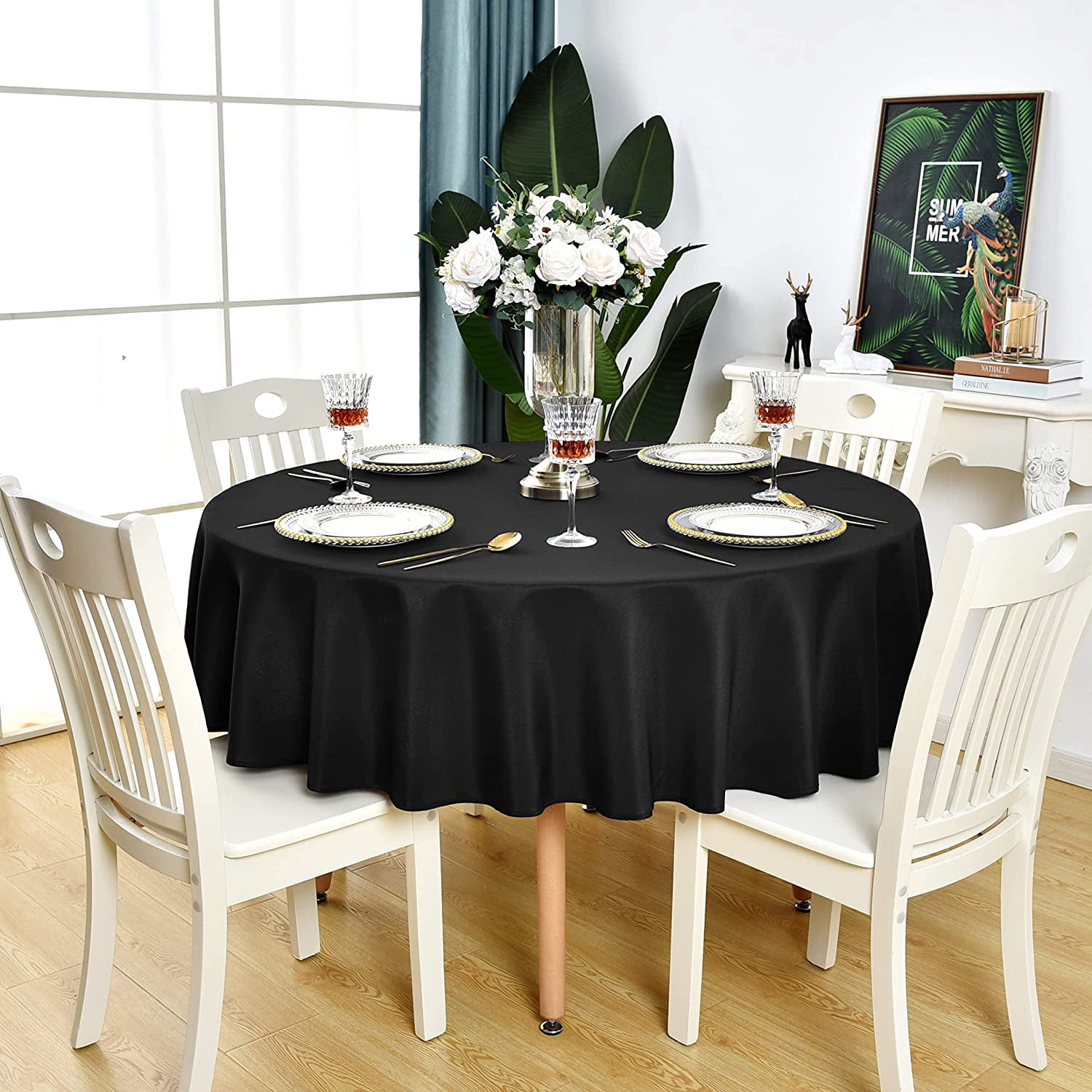 60 inch, Beige Round Tablecloth Waterproof Stain Resistant and Wrinkle Free Table Cloths Washable Polyester Table Cover for Dining Table/Parties/Wedding 