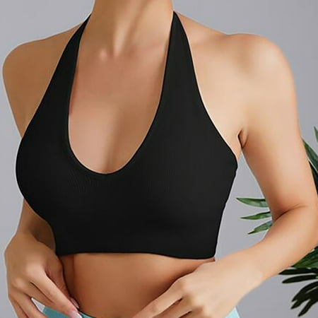 Women s Workout Halter Ribbed Bra Yoga Deep V Neck Lightly Sexy Bralette Wireless Seamless Adjustable Sport Bra