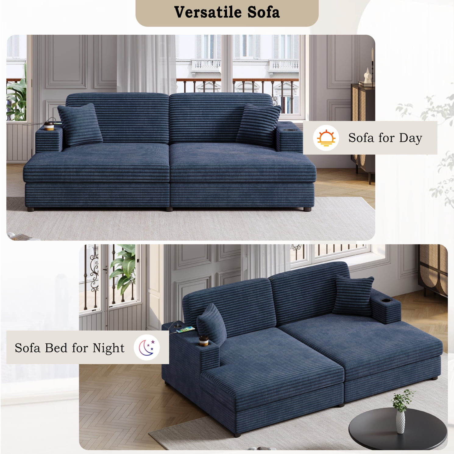 86.5" Oversized Double Lounge Chaise, Upholstered Corduroy Loveseat with 2 Cup Holders and 2 USB Ports, Modern Deep Seat Cloud Couch with Throw Pillows for Living Room, Blue