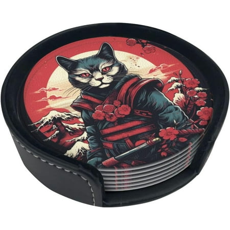

Samurai Cat Coasters Drink Mat 6 Set of Animal Patterns Round Coaster Non Slip for Coffee Beer Mug Wine Glass Bottle Home and Bar