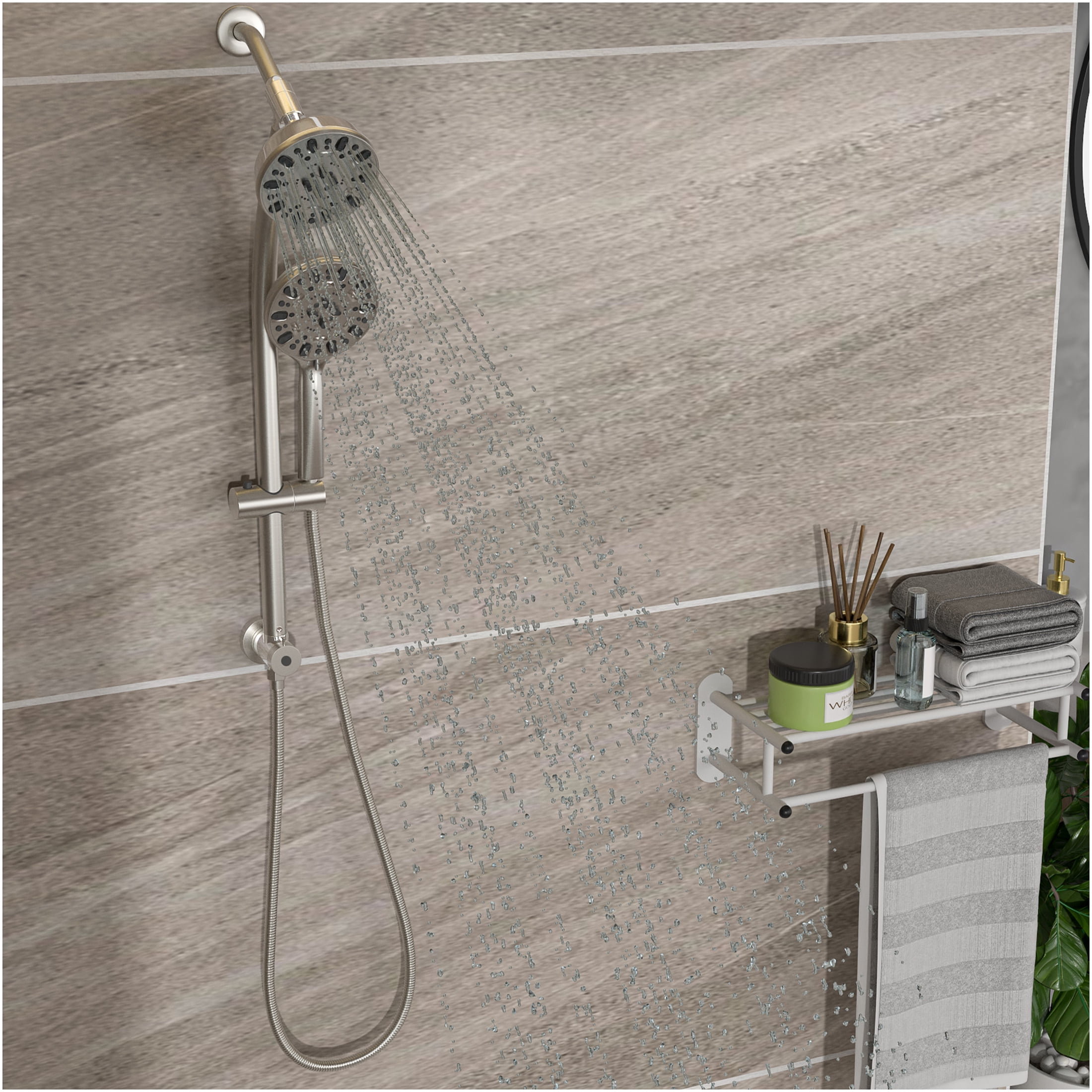 JERFIT Dual Shower Head System with 7-Spray Handheld Shower, Adjustable Slide Bar, 4.7" Rain Showerhead, Brushed Nickel Finish