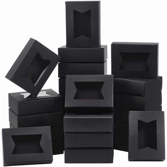 25 Pcs Paper Boxes with Window 3.74x2.76x1.1 Inch Rectangle Folding Paper Boxes Kraft Paper Present Boxes with Visible PVC Irregularly Window