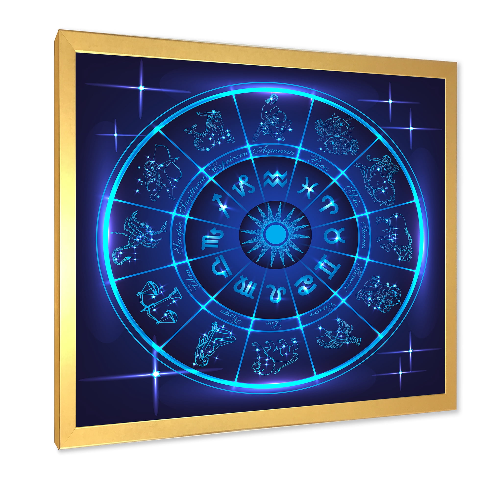Designart 'Zodiac Signs With Neon Deep Blue Horoscope Circle' Modern Framed Art Print