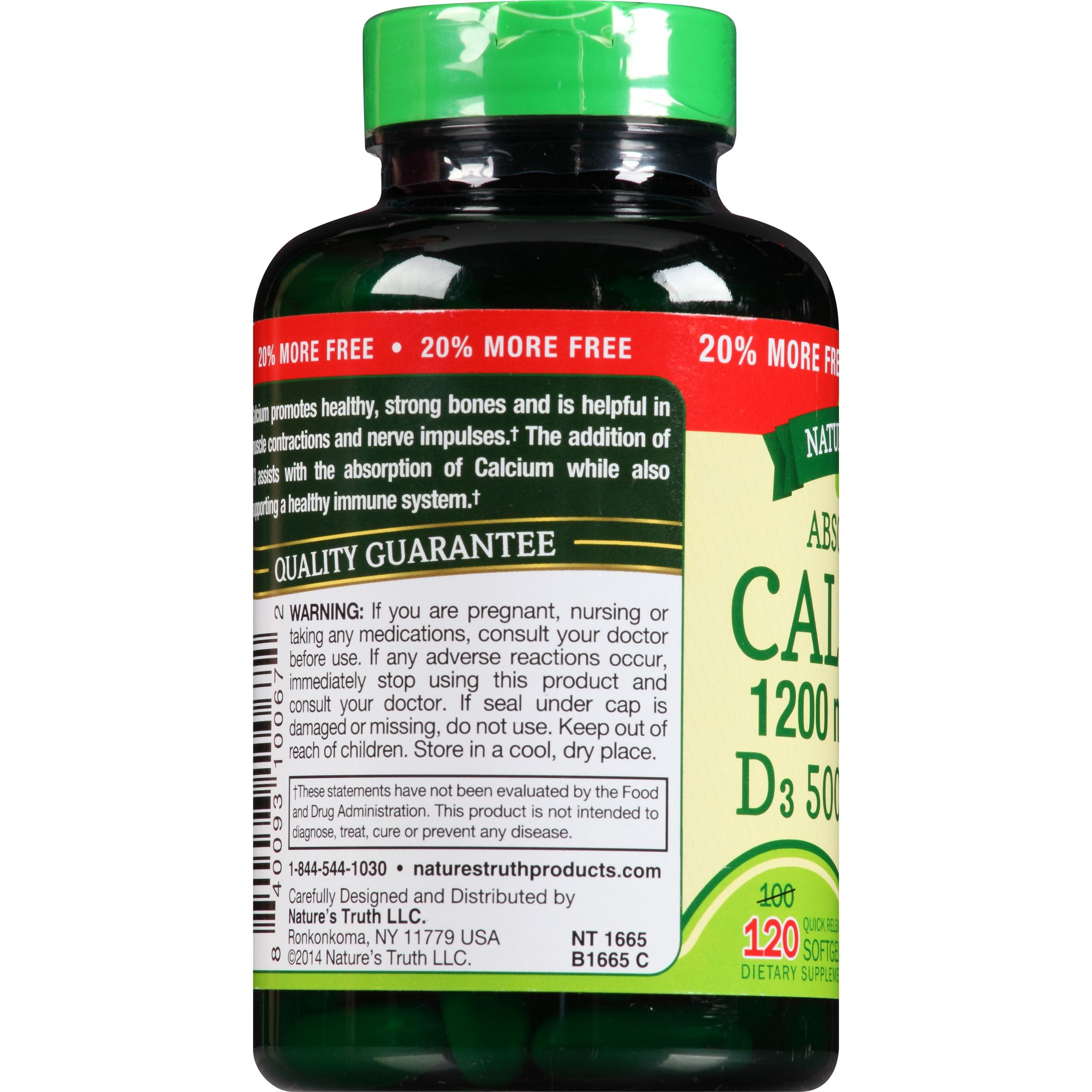 Natures's Truth Absorbable Calcium 1200 mg Plus D3 500 IU, 120 Count, Pack of 6
