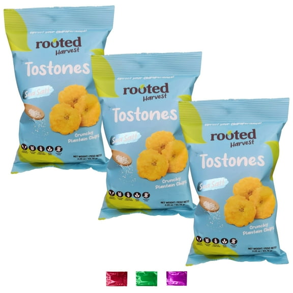 Rooted Harvest Tostones Sea Salt Crunchy Plantain Chips 2.25 Oz 3 Pack, Vegan Friendly Gluten Free Non-GMO Snacks, School Lunchbox Picnic On the Go Snacking Party w/ Snoep in Beperkte Oplage