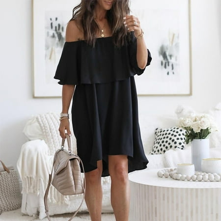 

Inkach Fashion Women Casual Strapless Loose Ruffle One Shoulder Lotu Sleeve Solid Dress
