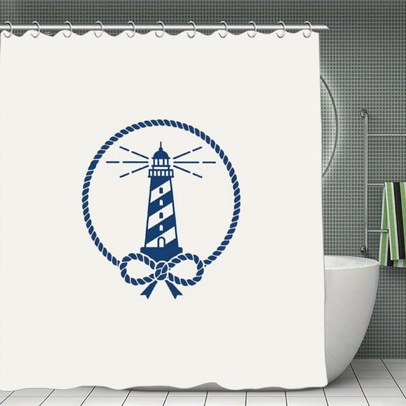 Rope Framed Lighthouse Seal Print Shower Curtain,Modern Fabric Waterproof Shower Curtain Set with Hooks 70.8×70.8Inch (180×180cm)