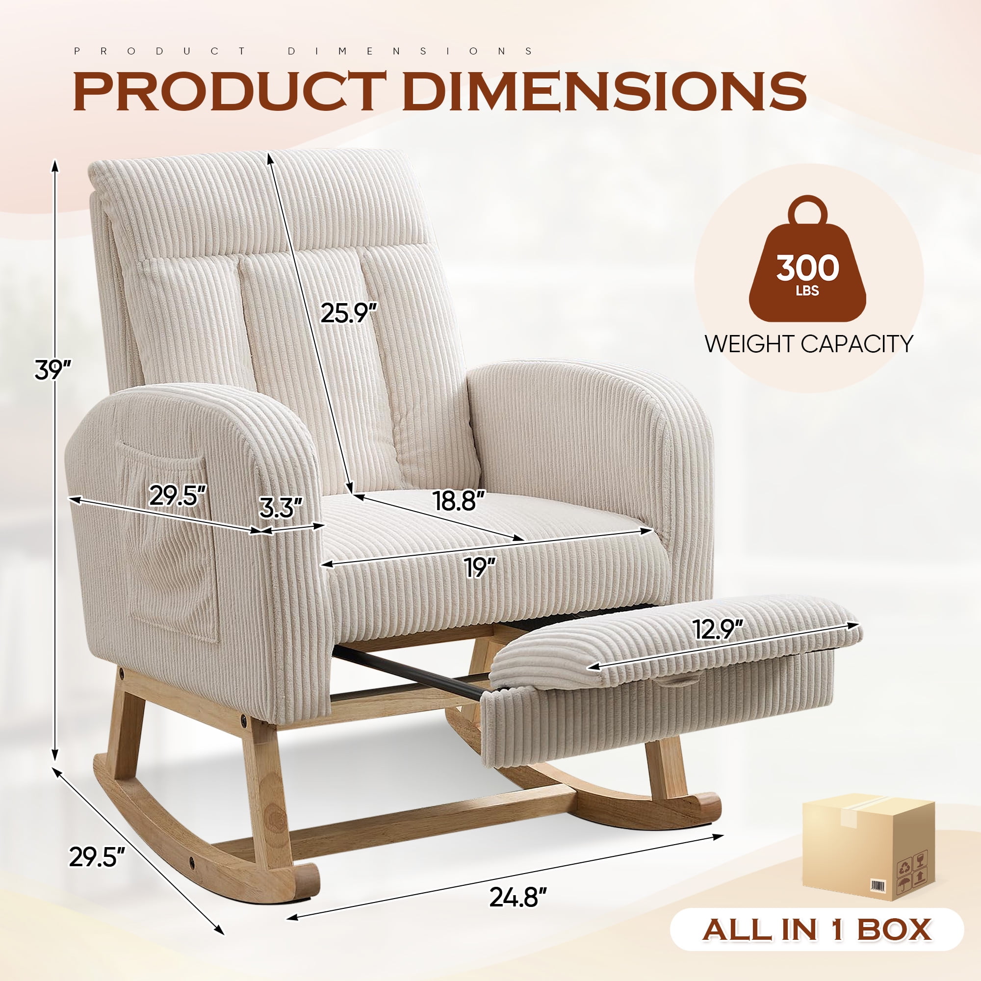 FFH Rocking Chair for Nursey, Rocking Chair with Footrest, Corduroy Armchair with High Backrest and Side Pockets, Accent Chair for Living Room, Bedroom, Beige