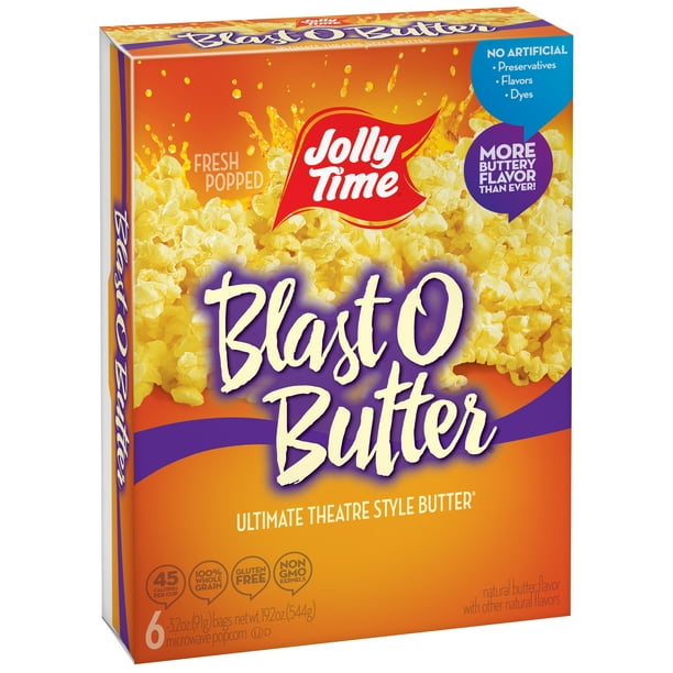 Jolly Time Blast O Butter Ultimate Theatre Style Butter Microwave Popcorn 3 2 Oz 6 Ct Walmart Com Jolly Time Blast O Butter Ultimate Theatre Style Butter Microwave Popcorn 3 2 Oz 6 Ct Walmart Com