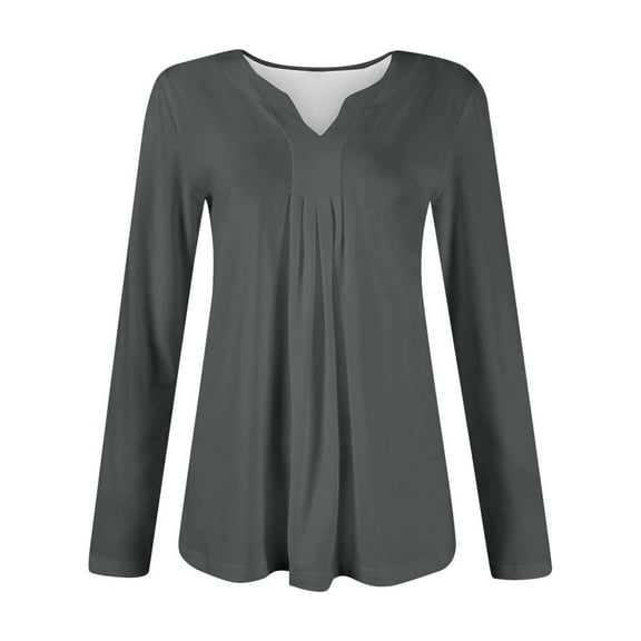 EDFBUYKRS Womens Tops Dressy Casual Pleated Blouses V Neck Long Sleeve Shirts Fall Tunic Tops M