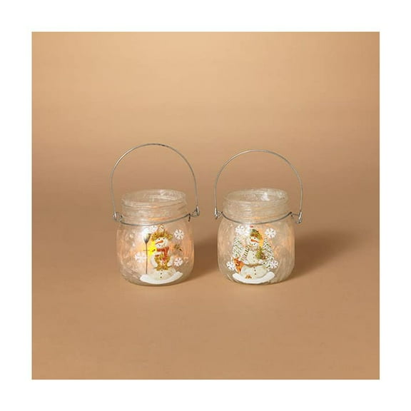 Gerson International Frosted Glass Holiday Snowman Design Luminaries, 3.5-inch Height, Set of 2