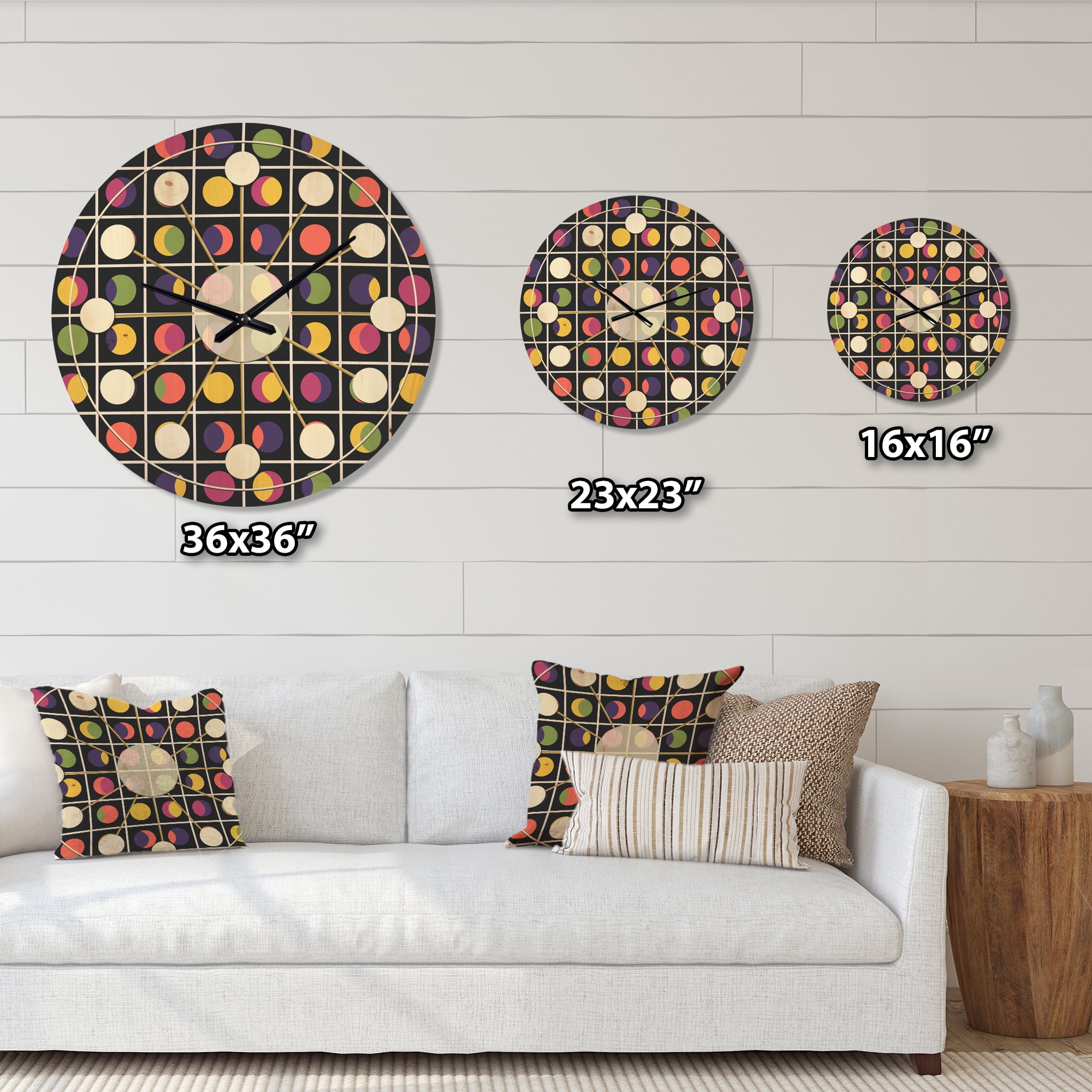 Designart 'Circular Moons Retro Pattern' Mid-Century Modern Wood Wall Clock