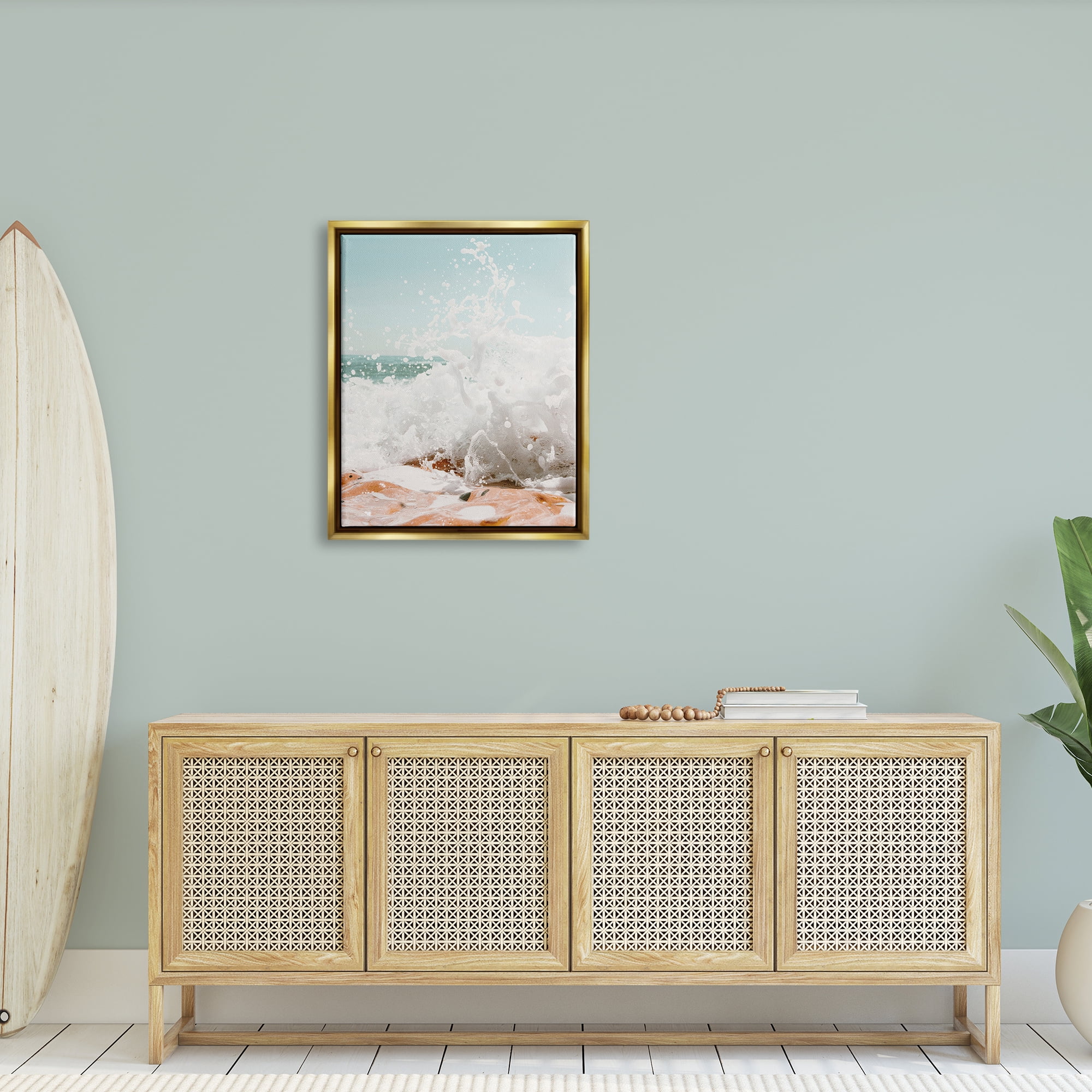 Stupell Splashing Sandy Beach Sea Foam Landscape Photography Gold Floater Framed Art Print Wall Art