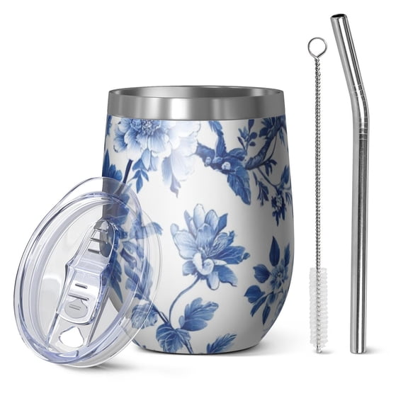 12oz Stemless Wine Tumblers Blue Pioneer Flower and Bird Vacuum Insulated Stainless Steel Travel Tumbler Cups Mug with Lid and Straw for Champaign,Cocktail,Beer with Cleaning Brush