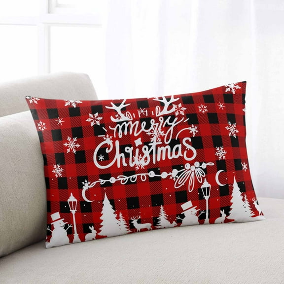 Christmas Throw Pillow Cover, Pillowcase Protectors with Zipper, Breathable Decorative Lumbar Pillow Case Cover, Winter Snowman Snowflake Xmas Trees Red Plaid Pillow Shams for Couch Sofa 16x24Inch