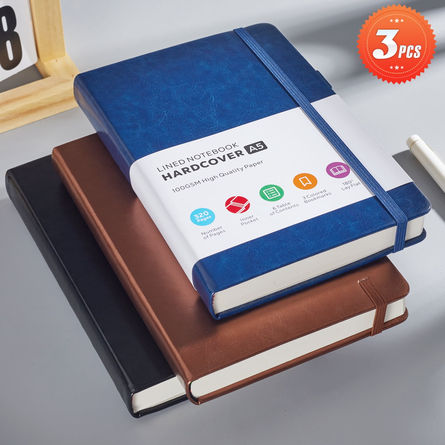 Nirmiro 3-Pack A5 Hardcover Journal Notebooks, 5.7"x8.4" College Ruled, 320 Pages Each 100GSM Paper, Faux Leather Cover, Multi-Color Notebook Set for Writing, Students & Office