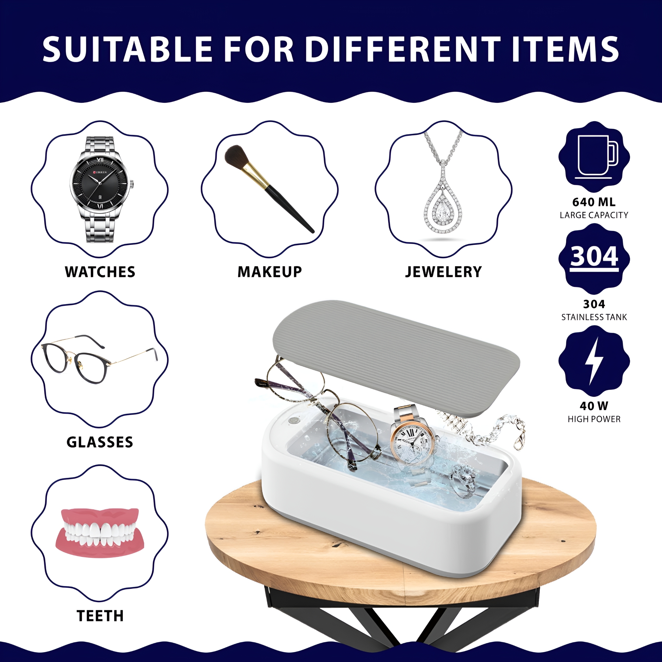 ACDANC 2026 New Ultrasonic Jewelry Cleaner Machine 48Khz, 640Ml Tank with Timer & Accessories for Jewelry Cleaning, Glasses Cleaning, Watch Cleaning, Denture Cleaning