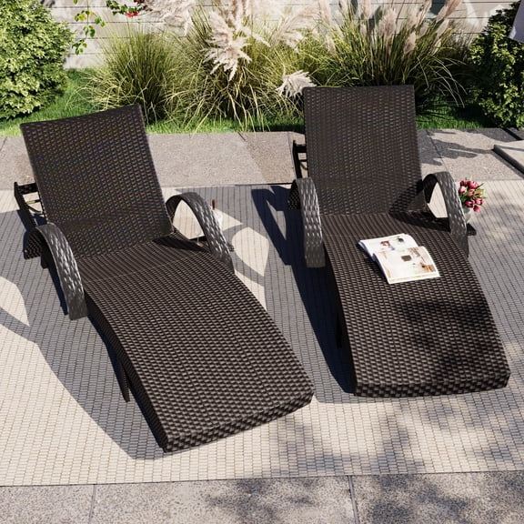 AENKYO 80-in Patio Chaise Lounge Chairs Set of 2, Outdoor Wicker Recliners with Adjustable Backrest and Pull-Out Side Table, Dark Brown