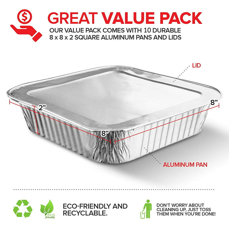 Disposable Square 8x8 Aluminum Foil Storage Pans with Lids (10 Count) by  Stock Your Home 