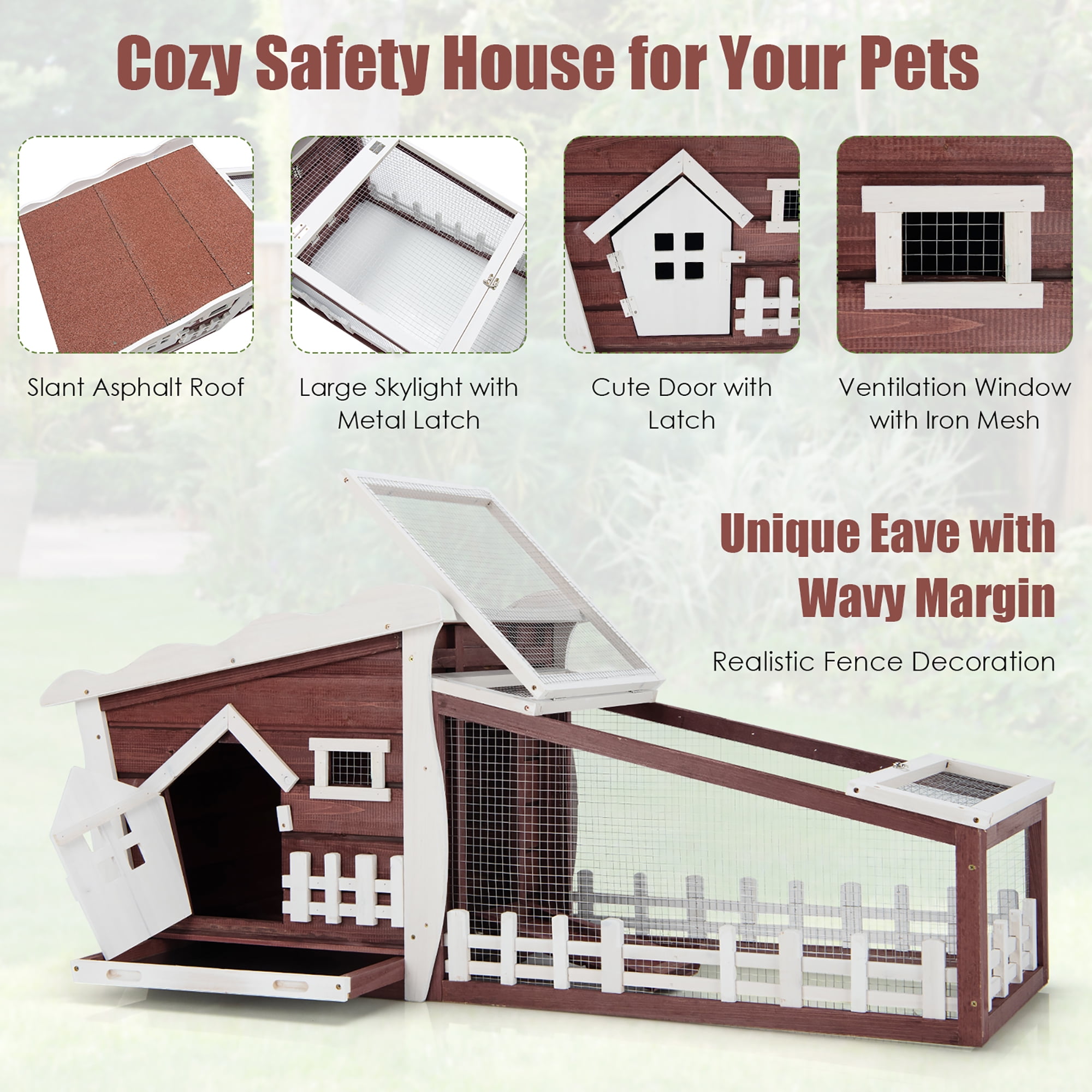 Costway 62'' Wooden Rabbit Hutch Indoor Outdoor Rabbit Cage Bunny House w/ Pull Out Tray Red