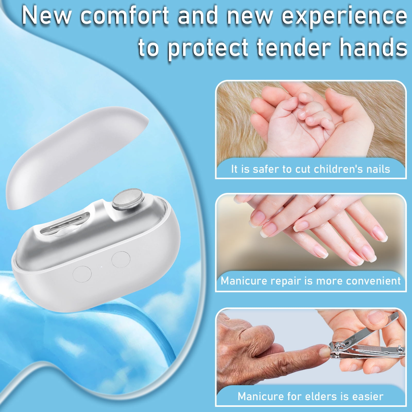 Hemvt 3 In 1 Electric Nail Clippers with Polishing, Rechargeable 2 Speeds Fingernails Clipper for Seniors, Adults, Baby, Automatic Nail Trimmer with Clip Storage and LED Light, Safe Use,Aorsher