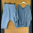 thumbnail image 2 of Elainilye Fashion Women'S Pajama Sets Solid V-neck Long Sleeve Pullover Shirt Tops And Pants Set Loungewear Set,Blue, 2 of 8