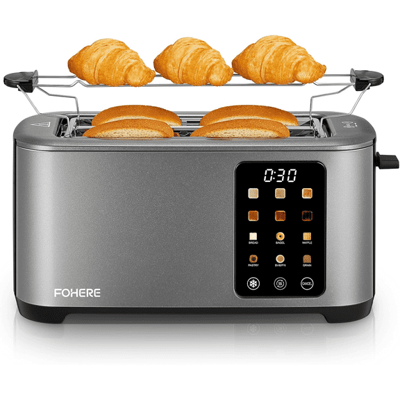 4 Slice Smart Toaster, LCD and Touchscreen, 6 Bread Types & Shade Settings, Retractable Warming Rack, Cancel/Defrost/Reheat Functions, 1400W